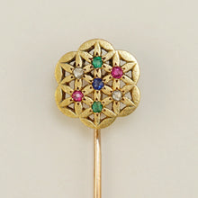 Load image into Gallery viewer, French 18K Yellow Gold Stick Pin Brooch Diamond Ruby Emerald Sapphire