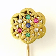 Load image into Gallery viewer, French 18K Yellow Gold Stick Pin Brooch Diamond Ruby Emerald Sapphire