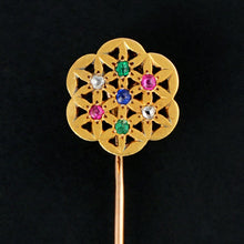 Load image into Gallery viewer, French 18K Yellow Gold Stick Pin Brooch Diamond Ruby Emerald Sapphire