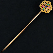 Load image into Gallery viewer, French 18K Yellow Gold Stick Pin Brooch Diamond Ruby Emerald Sapphire