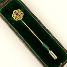 Load image into Gallery viewer, French 18K Yellow Gold Stick Pin Brooch Diamond Ruby Emerald Sapphire