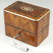 Load image into Gallery viewer, Antique French Perfume Box, Parquetry Kingwood Inlay, Baccarat Crystal Scent Bottles