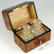 Load image into Gallery viewer, Antique French Perfume Box, Parquetry Kingwood Inlay, Baccarat Crystal Scent Bottles