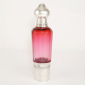 Antique French Sterling Silver Liquor Spirits Opera Flask Cranberry Pink Cut Glass Bottle
