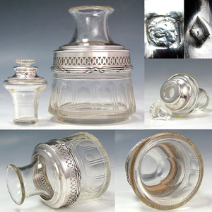 Antique French Sterling Silver Tumble Up Decanter, Cut Crystal Bedside Carafe Set
