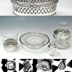 Antique French Sterling Silver Tumble Up Decanter, Cut Crystal Bedside Carafe Set