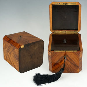 Antique French Tea Caddy Box Signed Vervelle Paris, Napoleon III Kingwood Marquetry Veneer, Lock & Key