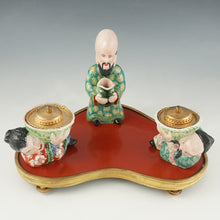 Load image into Gallery viewer, Antique French Chinoiserie Red Lacquer & Porcelain Figures Gilt Bronze Inkwell