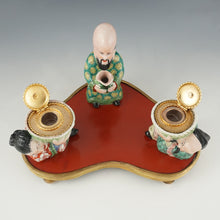 Load image into Gallery viewer, Antique French Chinoiserie Red Lacquer & Porcelain Figures Gilt Bronze Inkwell