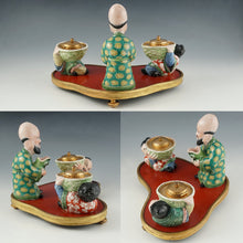 Load image into Gallery viewer, Antique French Chinoiserie Red Lacquer & Porcelain Figures Gilt Bronze Inkwell