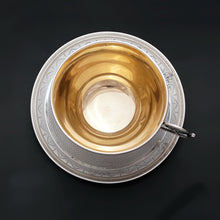 Load image into Gallery viewer, Antique French Sterling Silver Cup & Saucer Set, Flower Handle, Guilloche Engraving