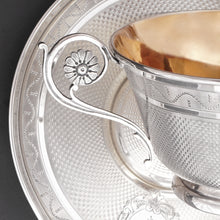 Load image into Gallery viewer, Antique French Sterling Silver Cup & Saucer Set, Flower Handle, Guilloche Engraving