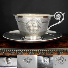 Load image into Gallery viewer, Antique French Sterling Silver Cup & Saucer Set, Flower Handle, Guilloche Engraving