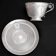 Load image into Gallery viewer, Antique French Sterling Silver Cup & Saucer Set, Flower Handle, Guilloche Engraving