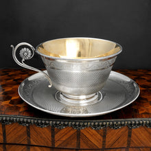 Load image into Gallery viewer, Antique French Sterling Silver Cup & Saucer Set, Flower Handle, Guilloche Engraving
