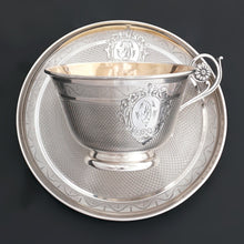 Load image into Gallery viewer, Antique French Sterling Silver Cup & Saucer Set, Flower Handle, Guilloche Engraving