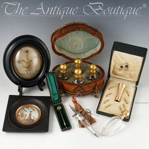 Grouping of antiques, Mourning Hair Art, Perfume Bottles, Parasol Handle