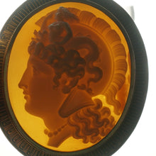 Load image into Gallery viewer, Antique Victorian Hand Carved Shell Cameo Warrior Goddess Athena Etruscan Revival Yellow Gold Brooch / Pendant
