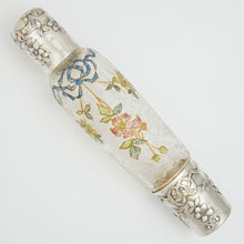 Load image into Gallery viewer, Antique Belle Epoque French Sterling Silver Cameo Acid Etched Glass Liquor Flask, Enamel Flowers