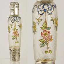Load image into Gallery viewer, Antique Belle Epoque French Sterling Silver Cameo Acid Etched Glass Liquor Flask, Enamel Flowers
