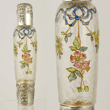 Load image into Gallery viewer, Antique Belle Epoque French Sterling Silver Cameo Acid Etched Glass Liquor Flask, Enamel Flowers