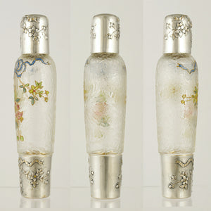 Antique Belle Epoque French Sterling Silver Cameo Acid Etched Glass Liquor Flask, Enamel Flowers