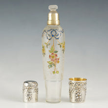 Load image into Gallery viewer, Antique Belle Epoque French Sterling Silver Cameo Acid Etched Glass Liquor Flask, Enamel Flowers