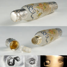 Load image into Gallery viewer, Antique Belle Epoque French Sterling Silver Cameo Acid Etched Glass Liquor Flask, Enamel Flowers