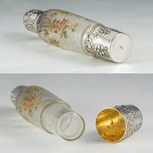 Load image into Gallery viewer, Antique Belle Epoque French Sterling Silver Cameo Acid Etched Glass Liquor Flask, Enamel Flowers