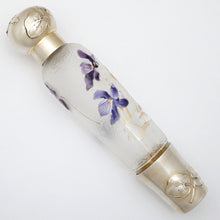 Load image into Gallery viewer, Antique Art Nouveau French Sterling Silver Liquor Opera Flask, Legras Violet Cameo Glass Bottle