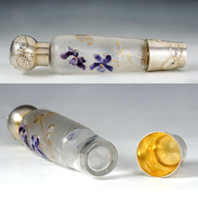 Load image into Gallery viewer, Antique Art Nouveau French Sterling Silver Liquor Opera Flask, Legras Violet Cameo Glass Bottle
