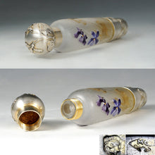 Load image into Gallery viewer, Antique Art Nouveau French Sterling Silver Liquor Opera Flask, Legras Violet Cameo Glass Bottle