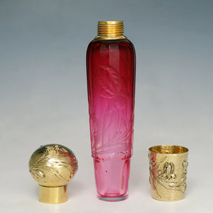 Antique French Sterling Silver Gold Vermeil Flask, Cranberry Glass Engraved