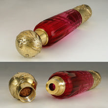 Load image into Gallery viewer, Antique French Sterling Silver Gold Vermeil Flask, Cranberry Glass Engraved