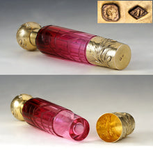Load image into Gallery viewer, Antique French Sterling Silver Gold Vermeil Flask, Cranberry Glass Engraved