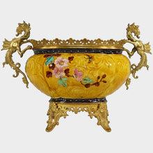Load image into Gallery viewer, Large Antique Aesthetic French Faience Jardinière Cache Pot, Yellow & Turquoise Glaze, Bronze Dragon Mounts