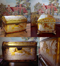 Load image into Gallery viewer, Bohemian Engraved Intaglio Amber Overlay Glass Box Treasure Chest Bronze Lock Deer Stag Engraving Moser