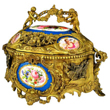 Load image into Gallery viewer, Large Antique French Bronze or Brass Jewelry Casket, Box, with Hand Painted Porcelain Plaques, Flowers & Cherubs