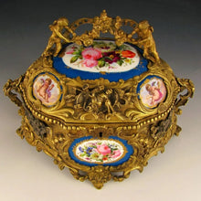 Load image into Gallery viewer, Large Antique French Bronze or Brass Jewelry Casket, Box, with Hand Painted Porcelain Plaques, Flowers & Cherubs