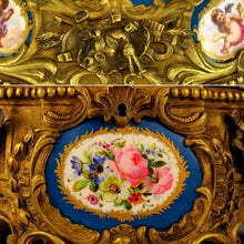 Load image into Gallery viewer, Large Antique French Bronze or Brass Jewelry Casket, Box, with Hand Painted Porcelain Plaques, Flowers & Cherubs