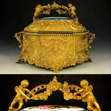 Load image into Gallery viewer, Large Antique French Bronze or Brass Jewelry Casket, Box, with Hand Painted Porcelain Plaques, Flowers & Cherubs