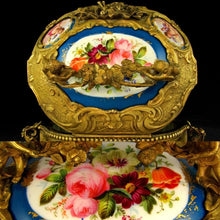 Load image into Gallery viewer, Large Antique French Bronze or Brass Jewelry Casket, Box, with Hand Painted Porcelain Plaques, Flowers & Cherubs