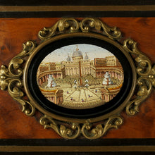 Load image into Gallery viewer, Antique Grand Tour Micro Mosaic Plaque Trinket Jewelry Box Burl Wood Brass Inlay