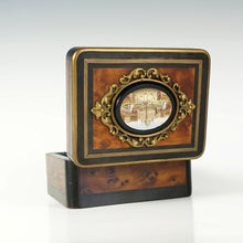Load image into Gallery viewer, Antique Grand Tour Micro Mosaic Plaque Trinket Jewelry Box Burl Wood Brass Inlay