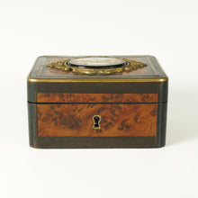 Load image into Gallery viewer, Antique Grand Tour Micro Mosaic Plaque Trinket Jewelry Box Burl Wood Brass Inlay