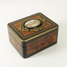 Load image into Gallery viewer, Antique Grand Tour Micro Mosaic Plaque Trinket Jewelry Box Burl Wood Brass Inlay