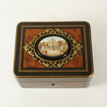Load image into Gallery viewer, Antique Grand Tour Micro Mosaic Plaque Trinket Jewelry Box Burl Wood Brass Inlay