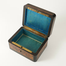 Load image into Gallery viewer, Antique Grand Tour Micro Mosaic Plaque Trinket Jewelry Box Burl Wood Brass Inlay