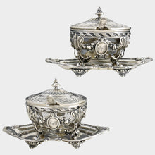 Load image into Gallery viewer, Pair Antique French Sterling Silver Mustard Pots, Louis XVI/Rococo Decoration Pair Antique French Sterling Silver Mustard Pots, Louis XVI/Rococo Decoration