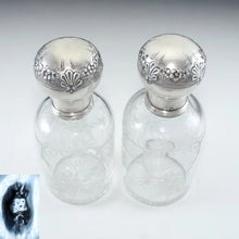 Load image into Gallery viewer, Pair Antique 19c French Sterling Silver Repousse Baccarat Engraved Crystal Perfume / Cologne Bottles